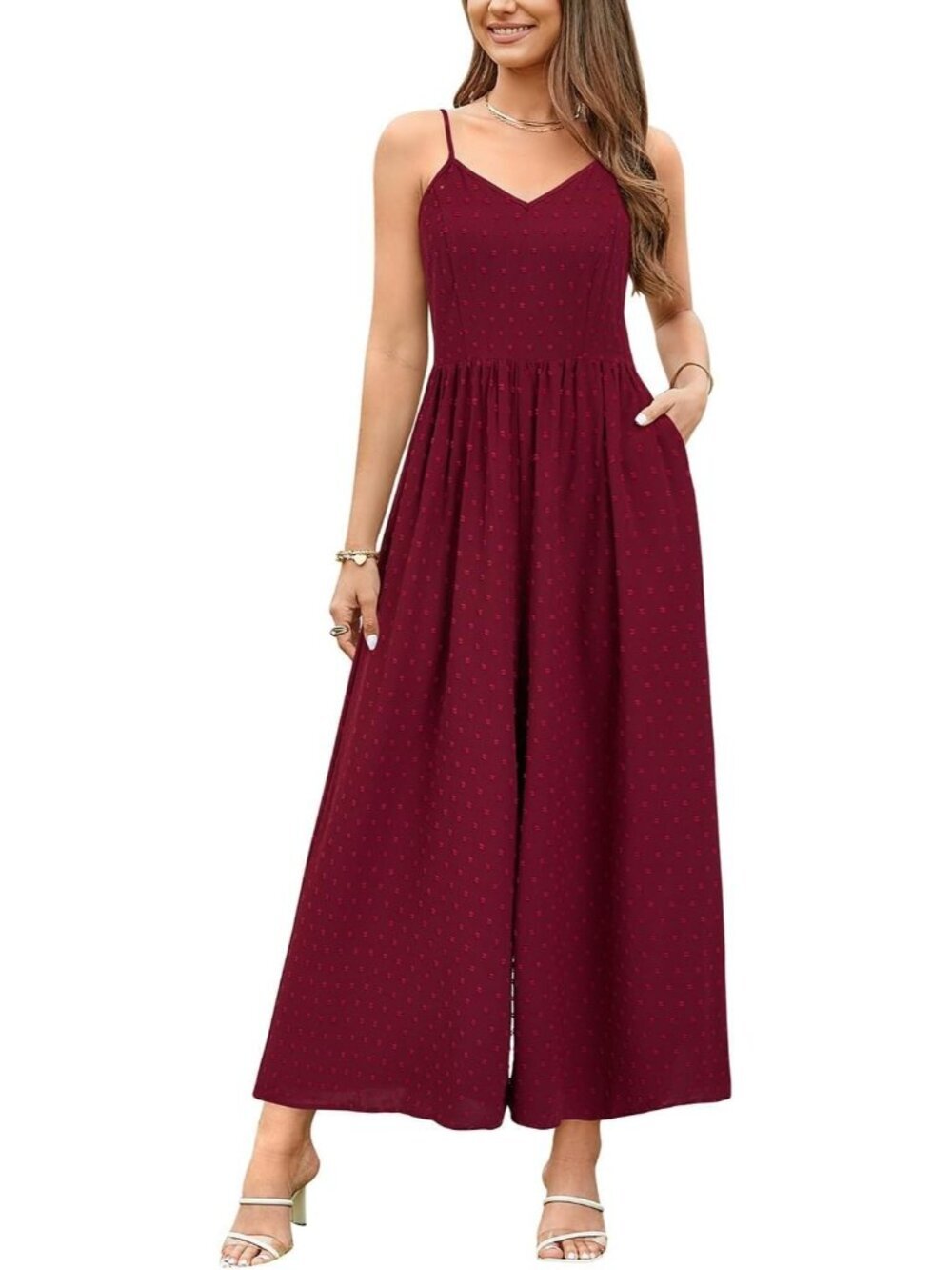 Women's Summer Floral Wine Red Spaghetti Strap Smocked Long Rompers with Pockets